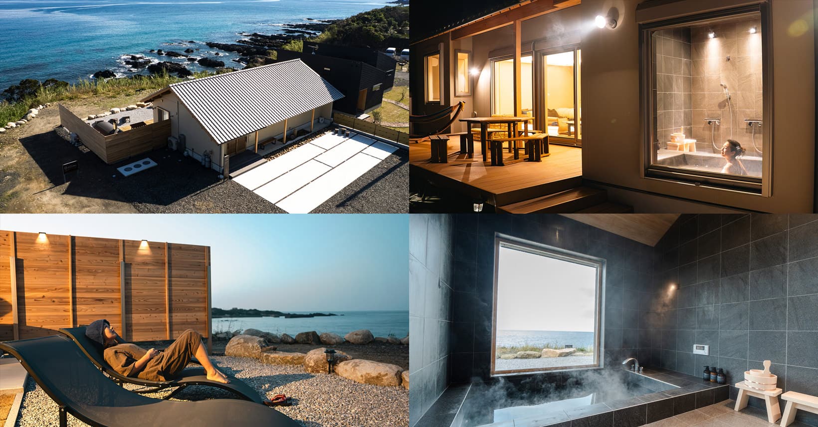 Coastal glamping pods with ocean views, deck with hot tub, and rocky shoreline