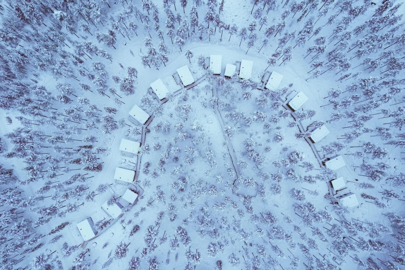 Aerial view of snow-covered igloos nestled among frost-laden forest in winter landscape
