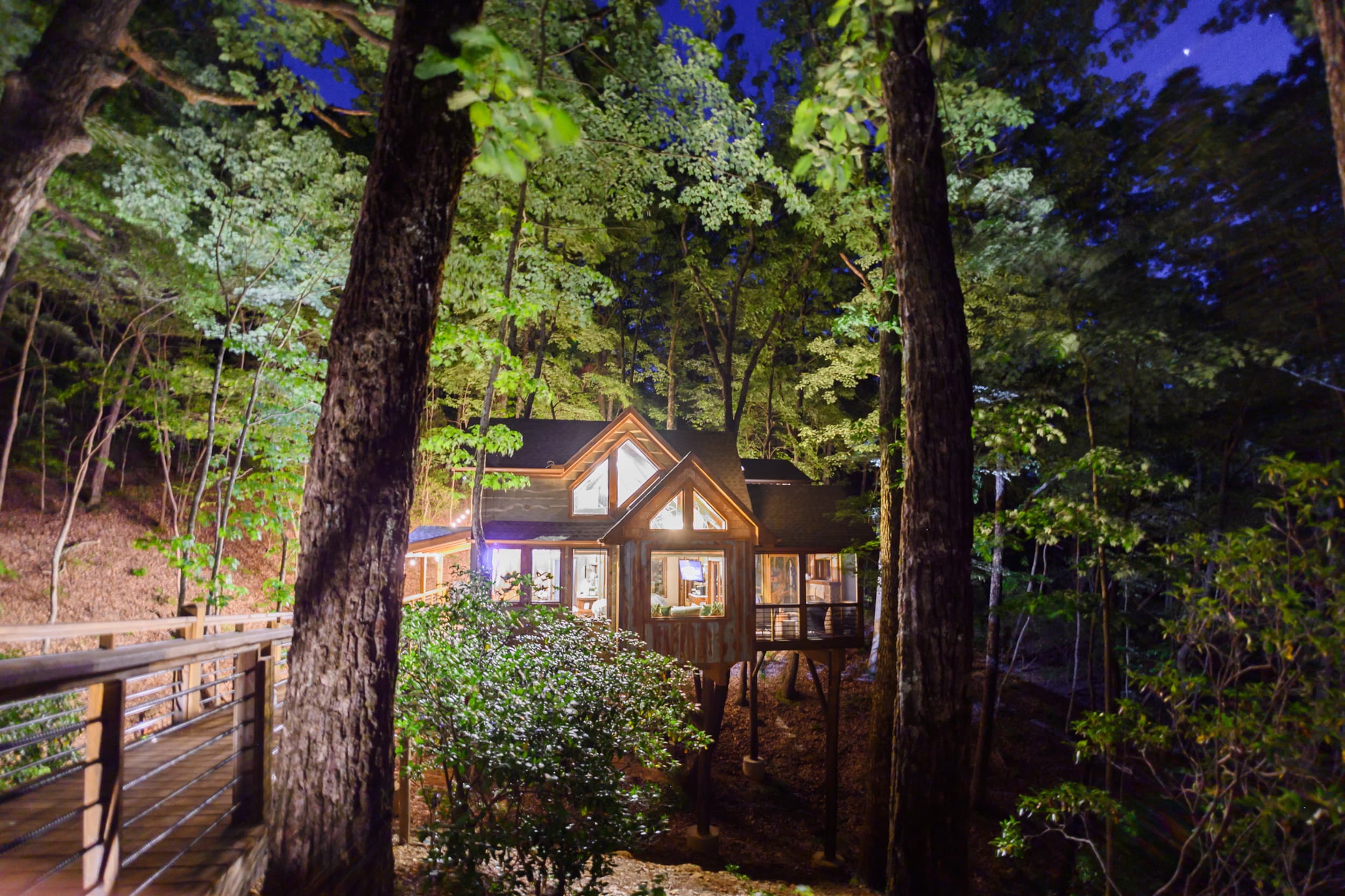 Illuminated treehouse nestled among tall trees at dusk with glowing windows and wooden deck