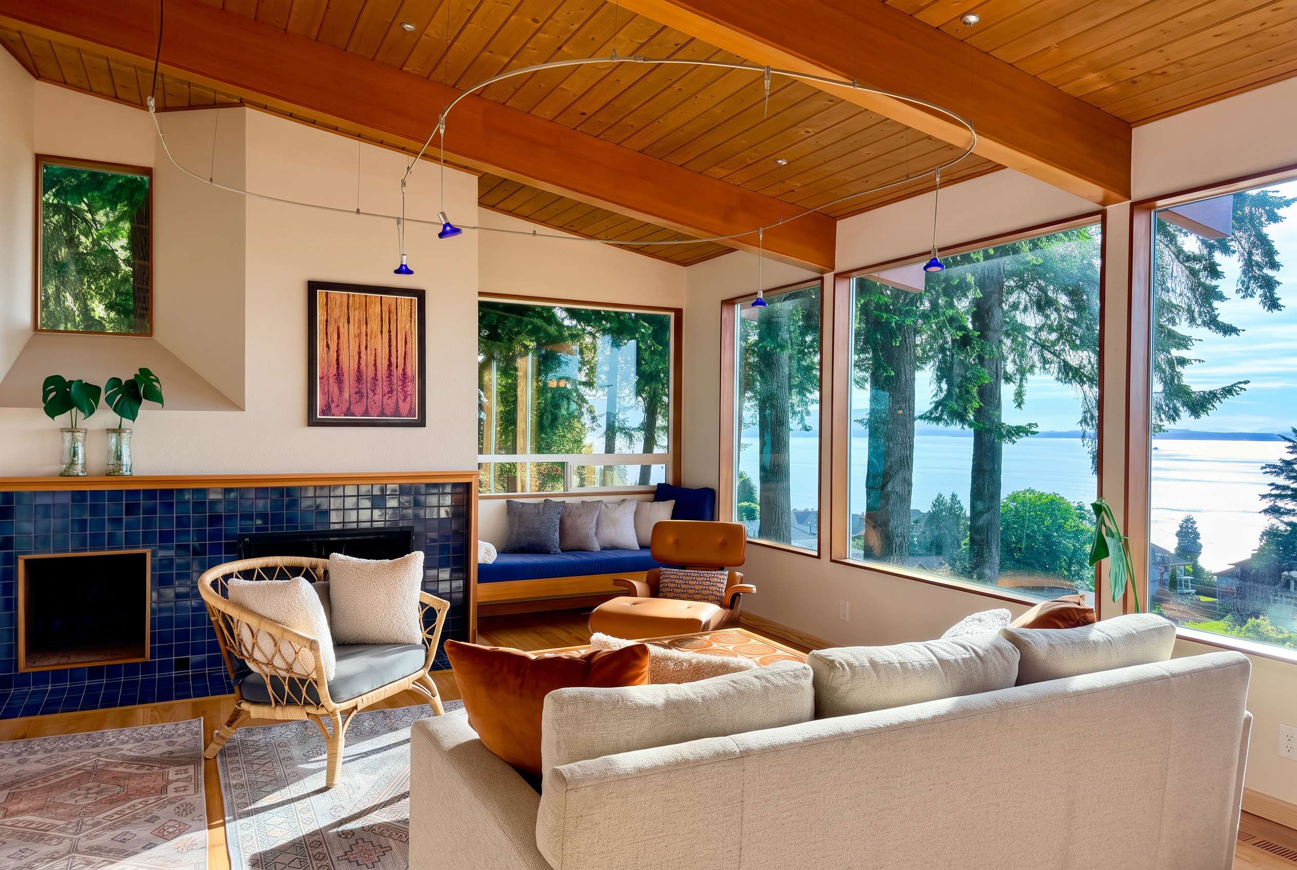 Modern living room with wood ceiling, fireplace, water views through large windows overlooking trees and bay