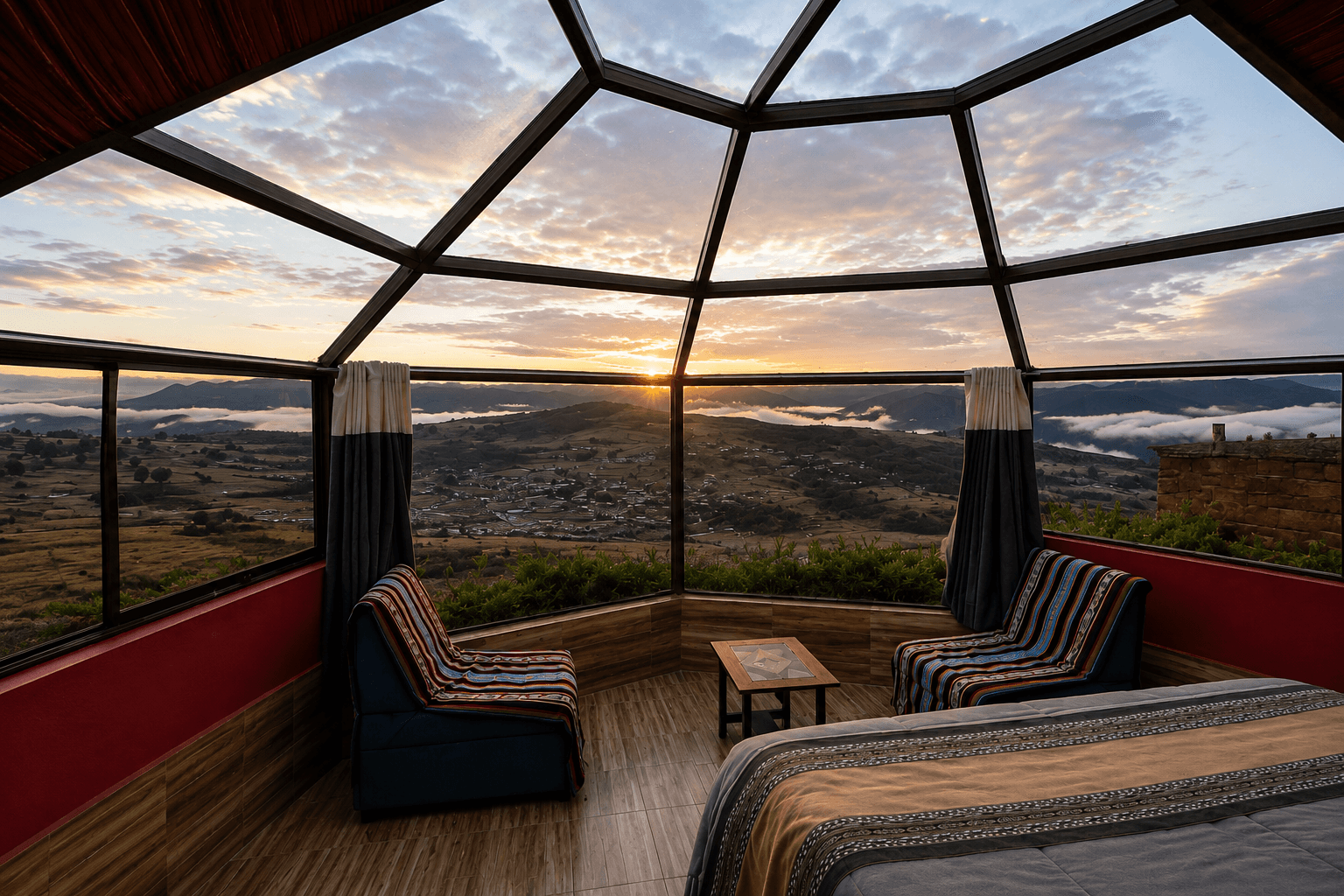 Luxury glass dome room with valley views at sunset, furnished with chairs and bed
