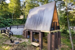 Modern angular cabin with metal roof nestled among tall trees in forest setting