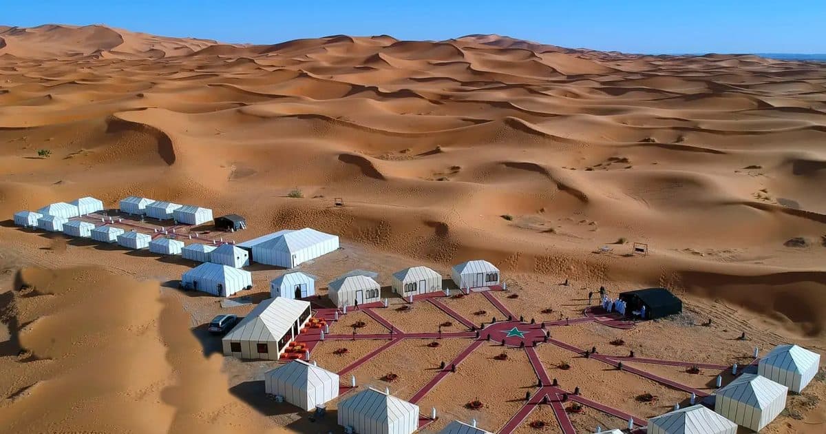 Aerial view of white glamping tents and structures arranged in vast Sahara desert landscape