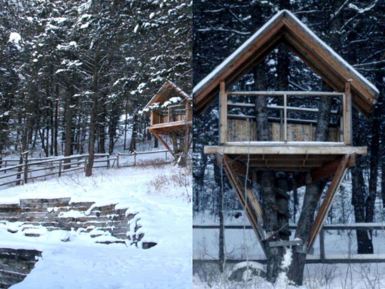 Two views of a wooden cabin in snowy forest with large windows and metal railings