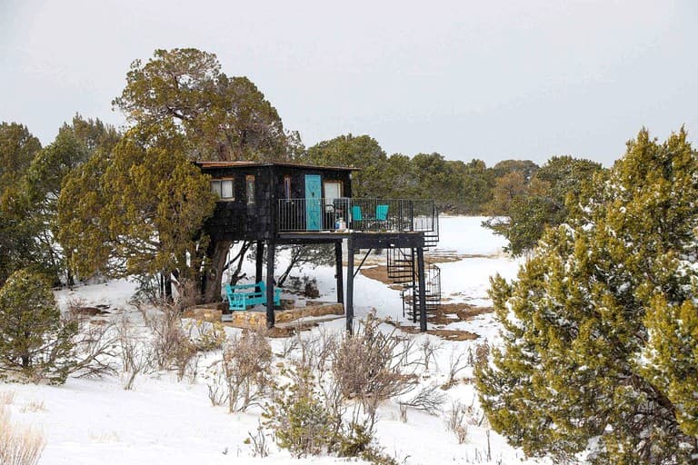 Elevated treehouse with turquoise accents on snowy landscape beside frozen water
