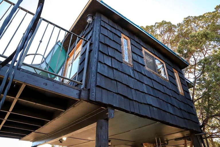 Modern black-shingled treehouse with metal railings and large windows set among trees